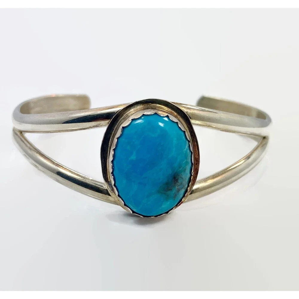 Vintage Turquoise Sterling Silver Cuff Bracelet: Native American Boho Jewelry